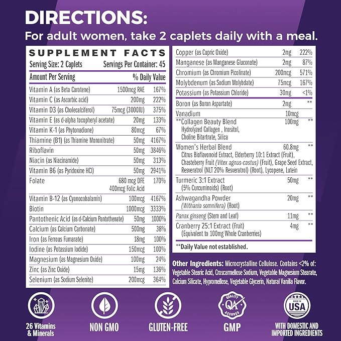 Vitamin World Ultra 360 Multivitamin for Women Women's Multivitamin with Herbs &amp Collagen for Hair Skin &amp Nails Supplement with Iron Vitamin A B C D E for Energy &amp Immune Support