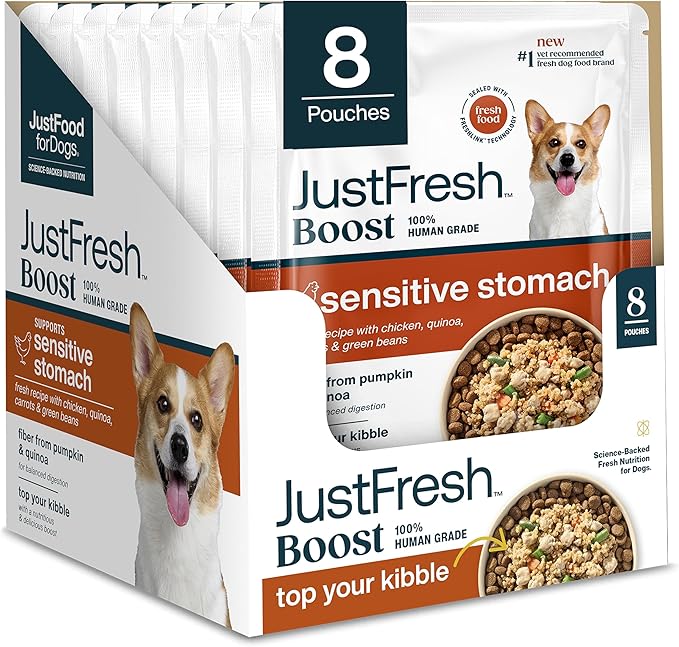 JustFoodForDogs JustFresh Boost Sensitive Stomach Dog Food Topper with Fiber for Gut Support &amp Digestive Health Human-Grade Fresh Pet Meal Booster 8 oz Pouches - 8 Pack