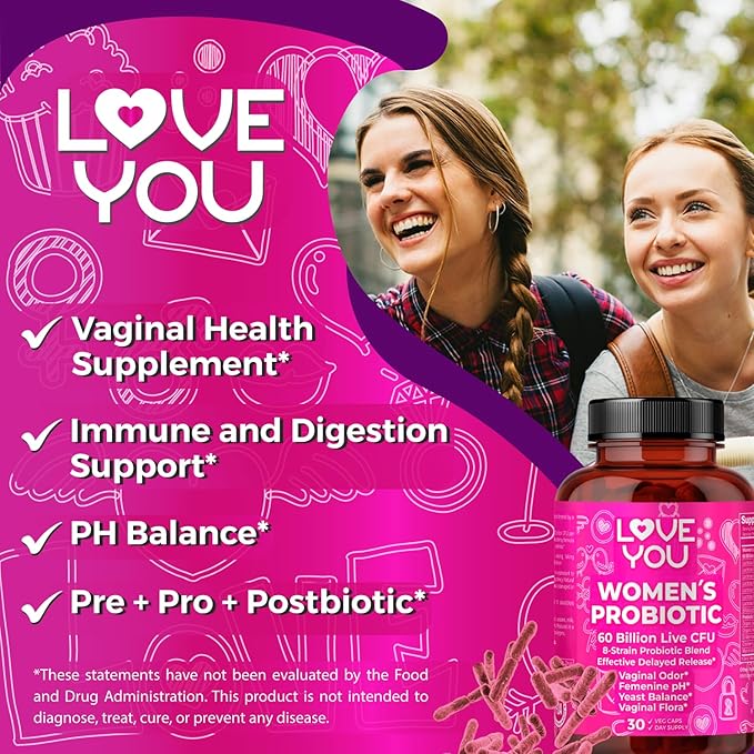 Love You Womens Probiotic Ph Balance Ut Feminine Vaginal Health Supplement Digestive Pre + Pro + Postbiotic Delayed Release 60 Billion Live CFU 8-Strain Probiotic Blend 30 Veg Caps Servings