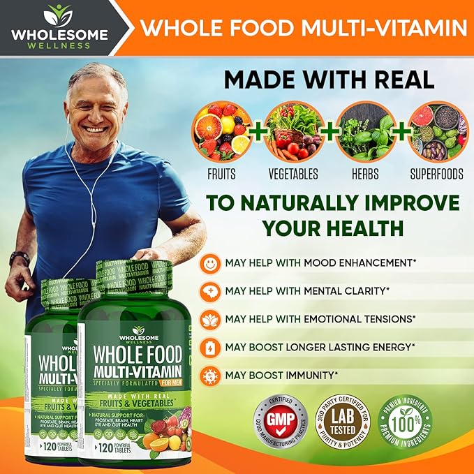 Wholesome Wellness Whole Food Multivitamin for Men - Natural Multi Vitamins Minerals Organic Extracts - Vegan Vegetarian - 120 Tablets