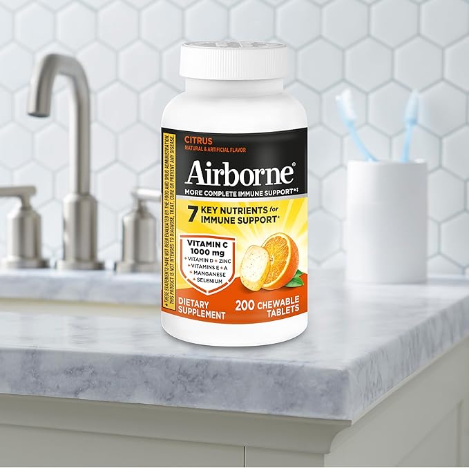 Airborne Citrus Chewable Tablets 200ct | Immune Support Supplement with 1000mg Vitamin C + Vitamins A D E ZincSelenium &amp Manganese | Herbal Blend | Gluten Free