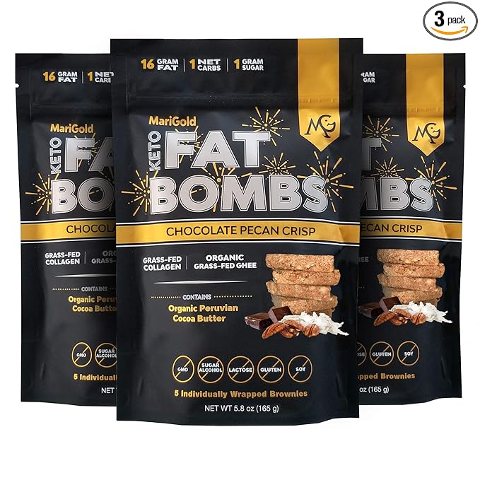 MariGold Keto Fat Bombs - Chocolate Pecan Crisp - Low Carb Collagen Rich Grass-fed Ghee Organic Cocoa Butter Gluten-Free Non-GMO (3 bags 5 Servings each) No Weird Aftertaste