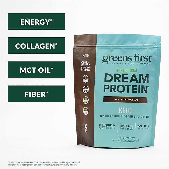 Greens First Dream Protein Powder Keto - 21g Protein Per Serving - Low Carb - with MCT Oil &amp Collagen - Non-GMO Gluten-Free Caffeine-Free (Rich Dutch Chocolate 29.31 oz)