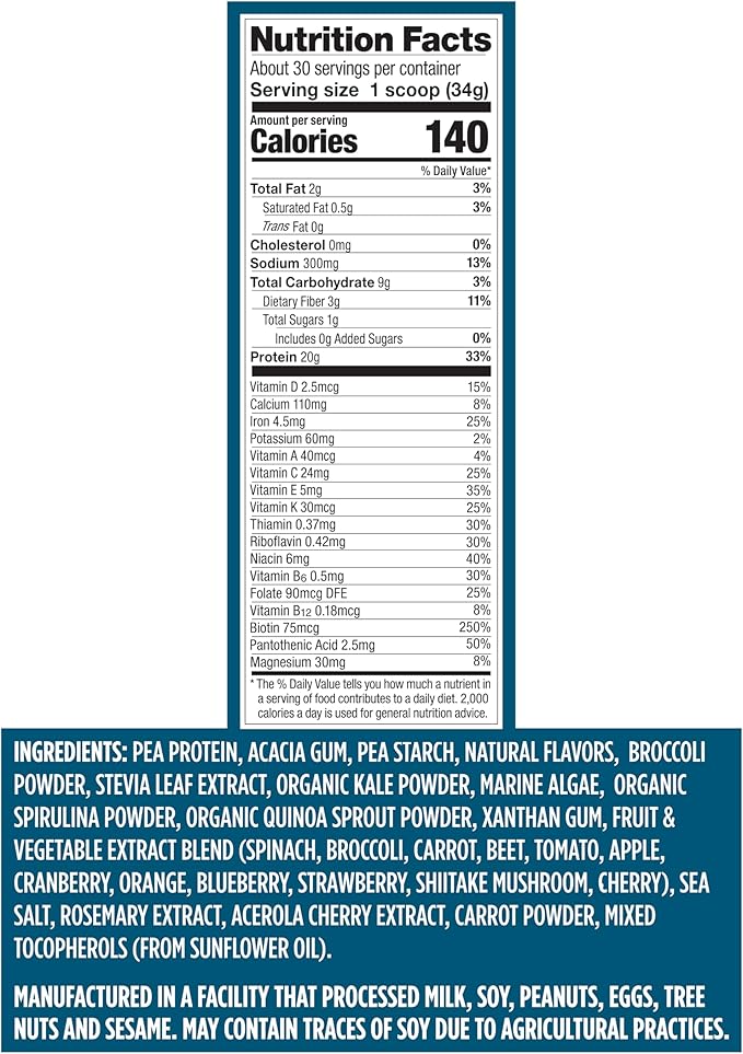 Vega Protein + Nutrition - 20g Plant-Based Pea Protein Vanilla 30 Servings Vegan Keto Superfood Antioxidant-Rich Gluten Free Dairy Free Low Carb 2.3lbs (Packaging May Vary)