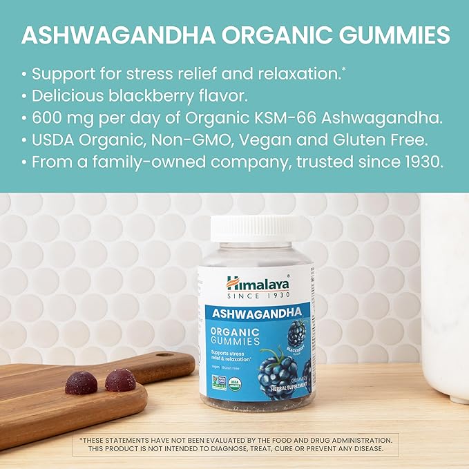 Himalaya Ashwagandha Organic Gummies KSM-66 Organic Ashwagandha to Help with Stress Relief Energy and Relaxation 60 Gummies with Delicious BlackBerry Flavor