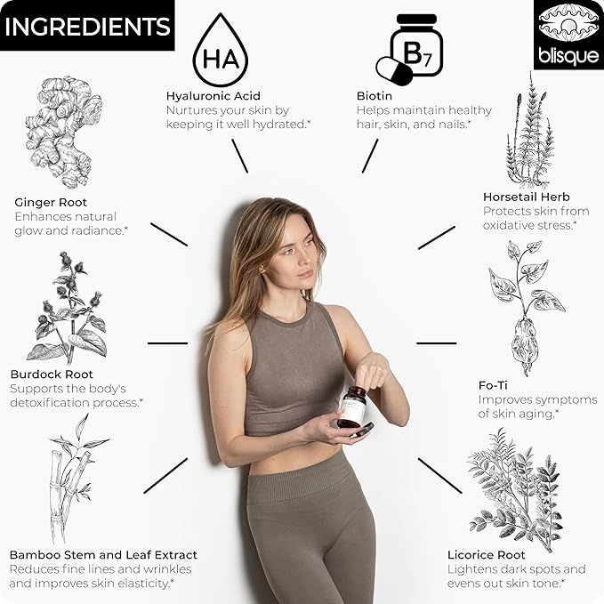 Blisque - Natural Beauty Supplement for Nail Strength Hair Growth and Skin Care | with Biotin &amp Hyaluronic Acid | Doctor Approved | Vegan and Non-GMO | 90 Capsules