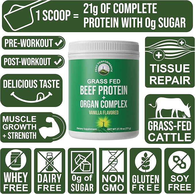 Grass Fed Beef Protein Powder + Organ Complex - Lactose Free Great Tasting Beef Protein Isolate - Animal Based Non Dairy No Whey Paleo Carnivore Supplement for Muscle Building - Vanilla Flavor