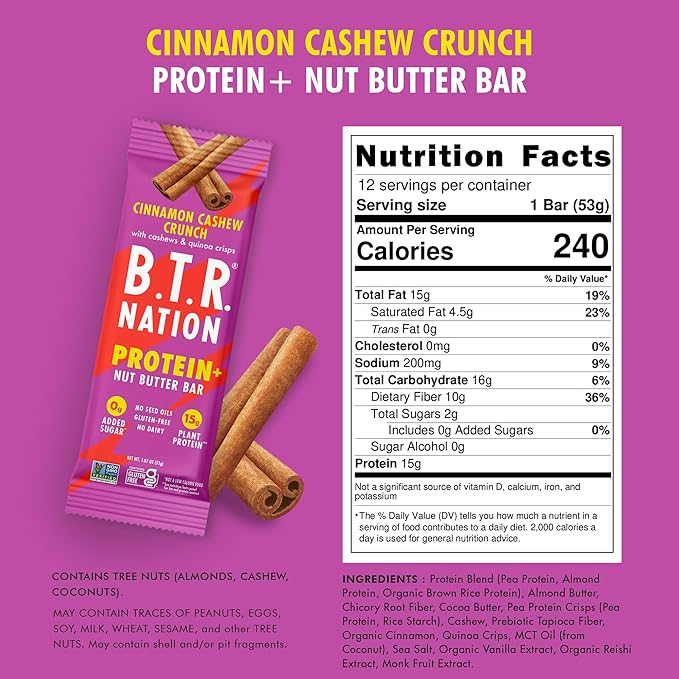 B.T.R. Nation Vegan Keto Plant Based High Protein &amp High Fiber Bars - Cinnamon Cashew Crunch Protein+ | 12 Bars | Low Carb &amp GF Free of Sugar Alcohols Dairy Soy and with Powerful Superfoods