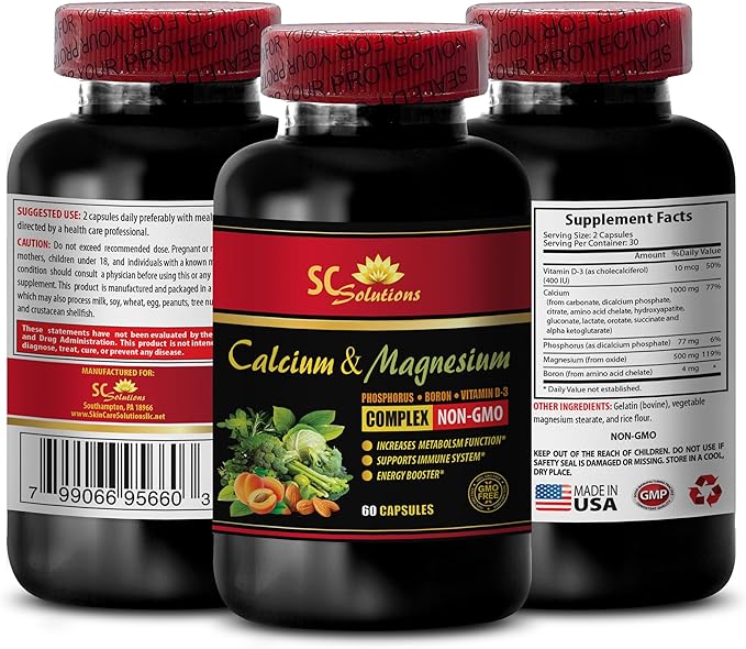 Calcium Magnesium Powder Organic - Calcium Magnesium Complex with Vitamin D and Boron - Mood Vitamins Mood Booster Supplement Herbal Immune Support Muscle Recovery Powder - 3 Bottles 180 Capsules