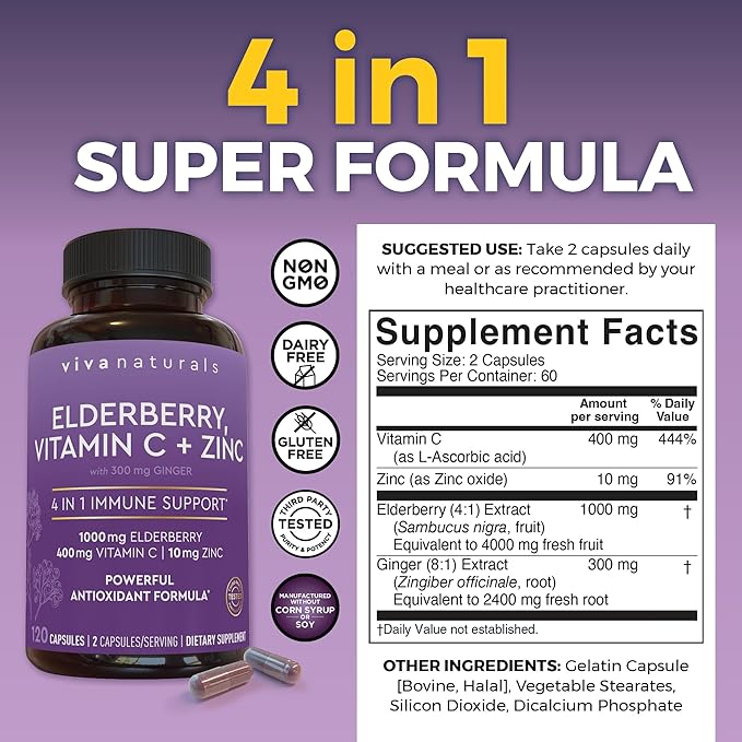 Viva Naturals Elderberry with Vitamin C and Zinc (120 Capsules) - 1000mg Sambucus Elderberry Immune Support Supplement Black Elderberry Capsules for Adults Elderberry Vitamins - 2 Months Supply