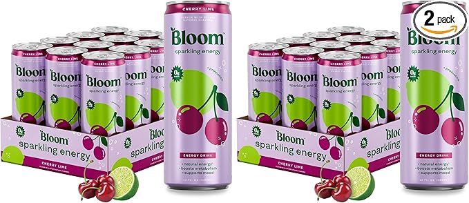 Bloom Nutrition Sparkling Energy Drink for Focus Natural Caffeine Zero Sugar 180mg Caffeine Antioxidant-Rich with Green Coffee Bean Green Tea Extract &amp Prebiotics Cherry Lime 12oz 24 Pack