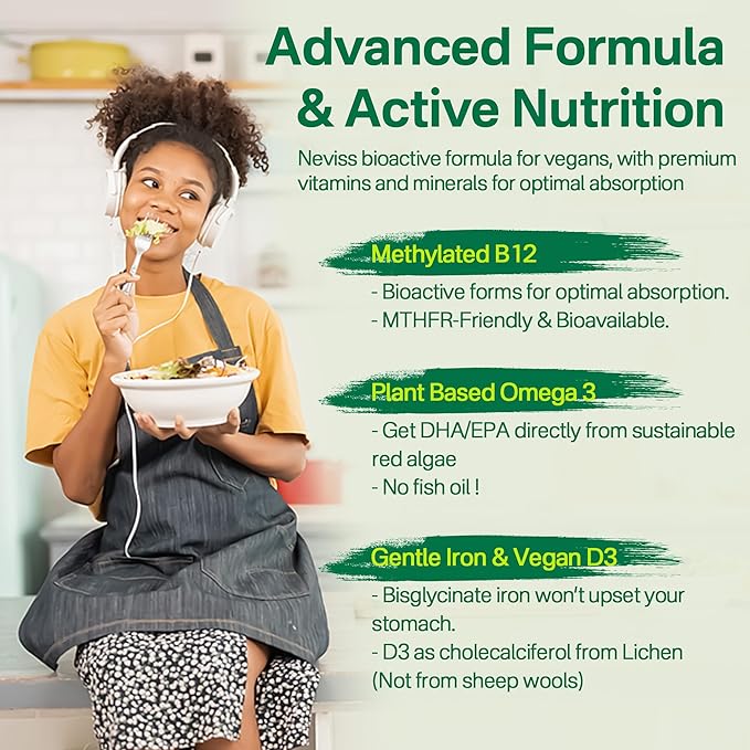 NEVISS Vegan Multivitamin for Women &amp Men w/Methyl B12 D3 K2 Plant Based Omega 3 (DHA+EPA) Iron Choline Zinc Whole Food Daily Vitamins Gummies for Vegans &amp Vegetarians Sugar Free 60Cts