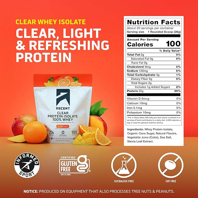 Ascent 100% Clear Whey Protein Powder - Post Workout Zero Artificial Flavors &amp Sweeteners Gluten Free 5.5g BCAA 2.1g Leucine Essential Amino Acids Orange Mango 20 Servings