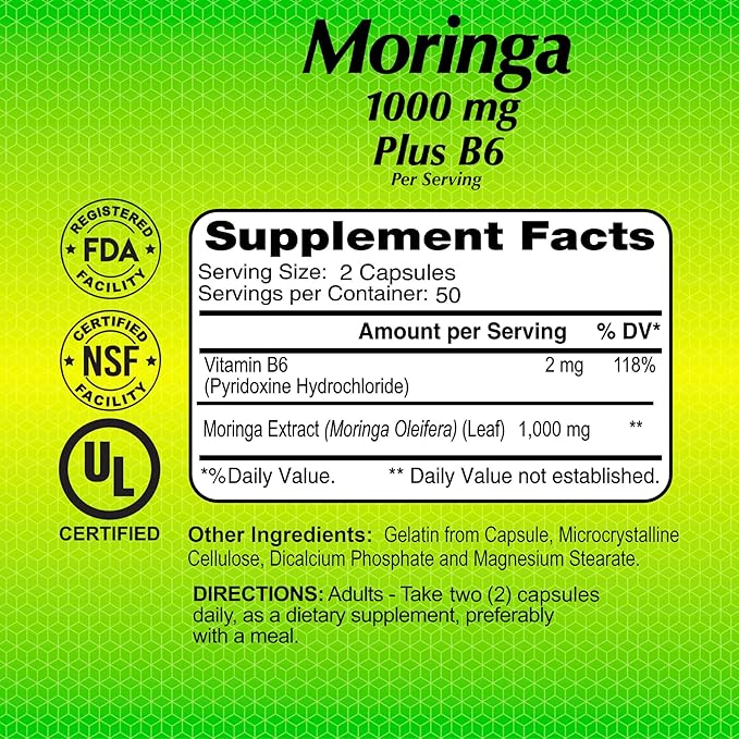 ALFA VITAMINS Moringa with Vitamin B6 Nutrient-Rich Superfood Supplement with Antioxidants &amp Essential B Vitamins – 100 Capsules (2-Pack)