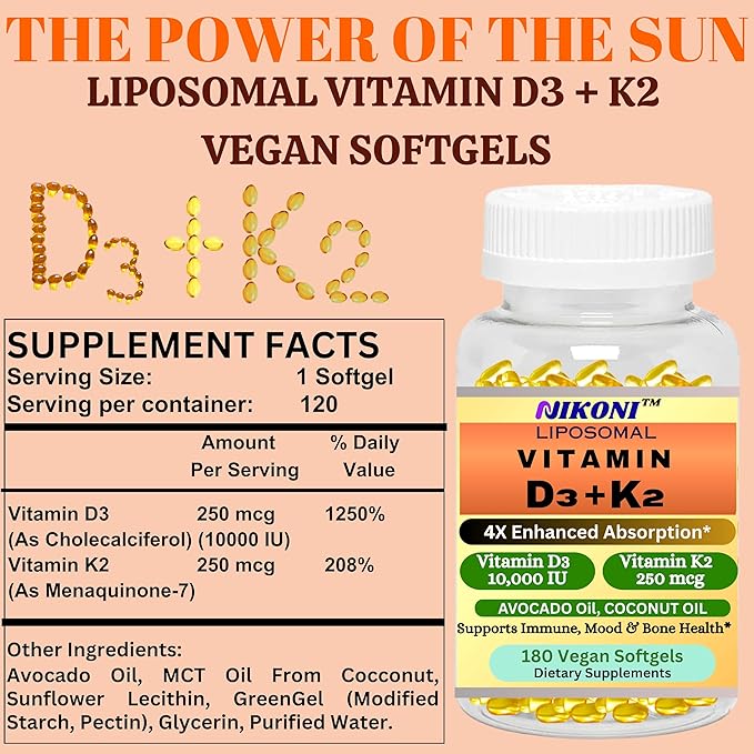 Nikoni Liposomal Vitamin D3 10000 IU Vitamin K2 (MK-7) 250 mcg Infused with Coconut &amp Avacado Oil Easy to Swallow Supports Calcium Absorption Bone Health 180 Vegan Softgels