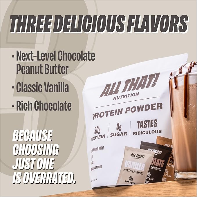 Protein Powder Packets - Whey Protein Stick Packs Variety Pack (9) Single Serve Vanilla Chocolate &amp Chocolate Peanut Butter Low Calorie 0g Sugar Soy-Free &amp Gluten-Free