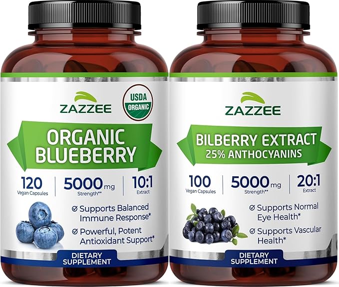 Zazzee Brain &amp Eye Health Support Bundle | Extra Strength Bilberry 20:1 Extract &amp USDA Organic Blueberry Extract Capsules | Non-GMO Vegan &amp ISO Lab Tested