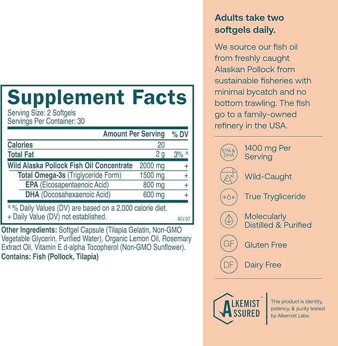 True Grace Omega-3 Fish Oil - 60 Softgels - 1400 mg EPA + DHA - Brain Heart Joint &amp Immune Health - Organic Gluten Free Soy Free