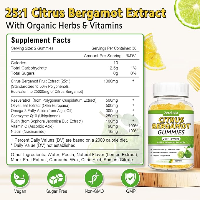2 Pack Citrus Bergamot Gummies Citrus Bergamot Supplement for High Cholesterol Cholesterol Lowering Supplement for Heart Immune System &amp Healthy Aging Support Sugar Free Lemon Flavor 120 Cts