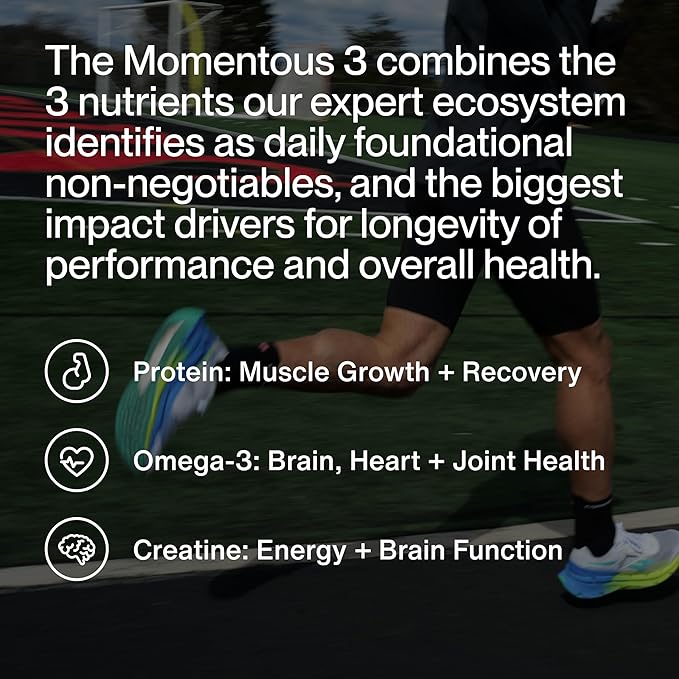 Momentous Three - Creatine Monohydrate Powder (90 Servings) Grass-Fed Whey Protein Powder (Unflavored) &amp Omega-3 Fish Oil 1600mg - Daily Essentials for Strength Performance &amp Lean Muscle Rec