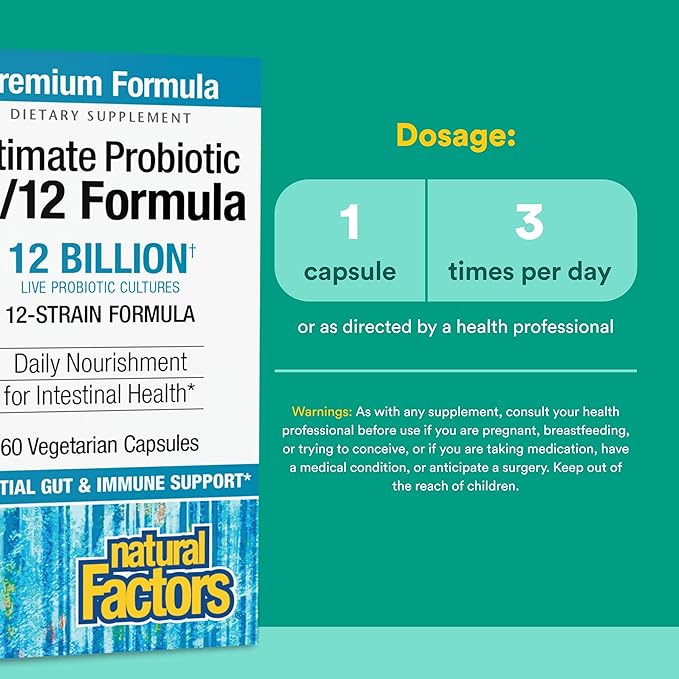 Natural Factors Ultimate Probiotic 12/12 Formula - Digestive Health Support Supplement with Probiotics - Immunity &amp Gut Health Support Supplement - 60 Vegetarian Capsules (60 Servings)