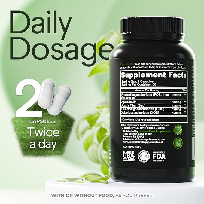 Prebiotic Fiber Supplement 5-in-1 Capsules - Natural Flow 5X Fiber XOS GOS FOS Acacia and Agave Inulin Daily Soluble Fiber Formula for Gut Support and Boost Good Bacteria Diversity 120 Caps