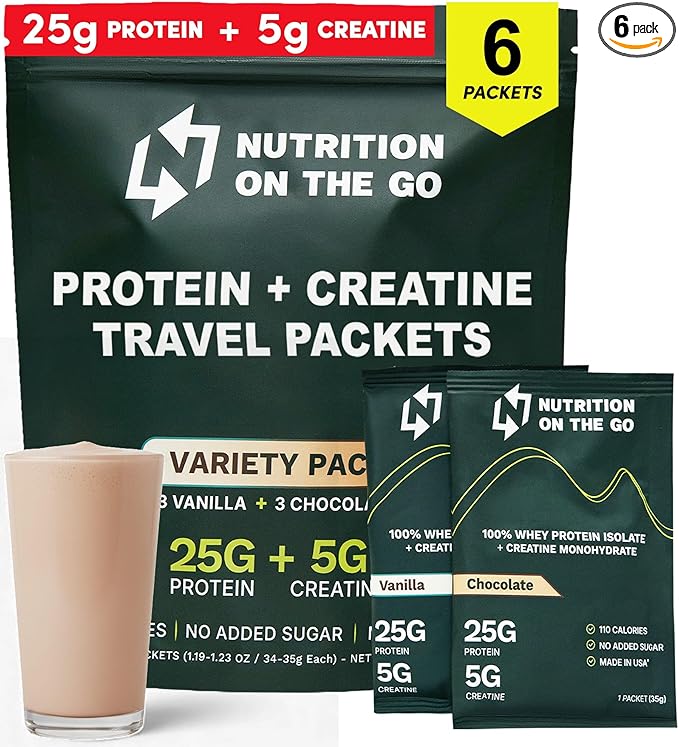 Nutrition On The Go Whey Protein Isolate Packets with Creatine – 25g Protein + 5g Creatine – Single-Serve Travel Protein Powder - Variety Pack (Vanilla &amp Chocolate) (6-Pack)