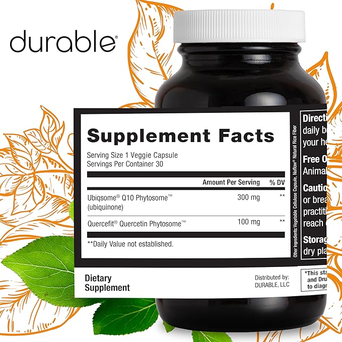 Durable CoQ10 – 300mg Coenzyme Q10 Phytosome with 9X Better Absorption + Quercetin – Heart Energy &amp Cellular Support – Doctor Formulated Vegan Non-GMO Made in USA Once-Daily (90 Capsules)