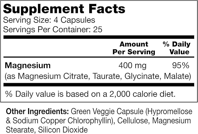 Magnesium Supplement | 4 Types of Magnesium in 1 Capsule | Glycinate Malate Taurate &amp Citrate for Muscles &amp Sleep | High Absorption | Vegan Non-GMO | 100 Capsules