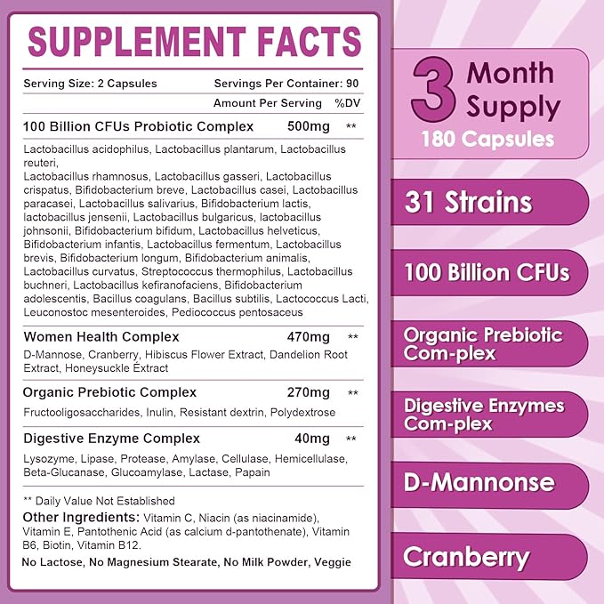 NATURE TARGET Probiotics for Women 100 Billion CFUs Probiotic with Digestive Enzymes &amp Prebiotics Vaginal Probiotics with Cranberry for Urinary Tract Health pH Balance 180 Veggie Capsules