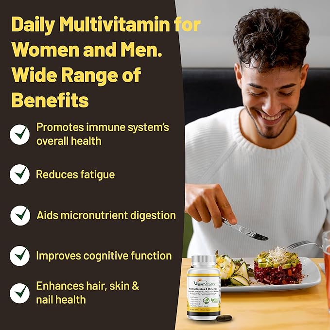 Vegan Vitality Multivitamins &amp Minerals for Women and Men with High Strength Vitamin B12 D3 &amp K2. 180 Vegan Multivitamin Tablets - 6 Months Supply. Vitamins for Vegans. Women Multivitamin