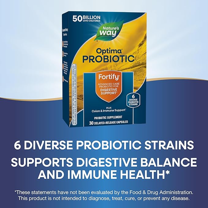 Nature's Way Fortify Optima Probiotic for Men and Women 50 Billion Live Cultures 6 Strains Supports Digestive and Immune Health* 30 Capsules (Packaging May Vary)