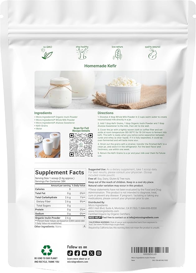 Micro Ingredients Organic Inulin FOS Fiber Powder 2.2 lbs | Quick Water-Soluble Prebiotic | Natural Fiber for Smoothies &amp Drinks | Vegan Friendly Dissolves Clear
