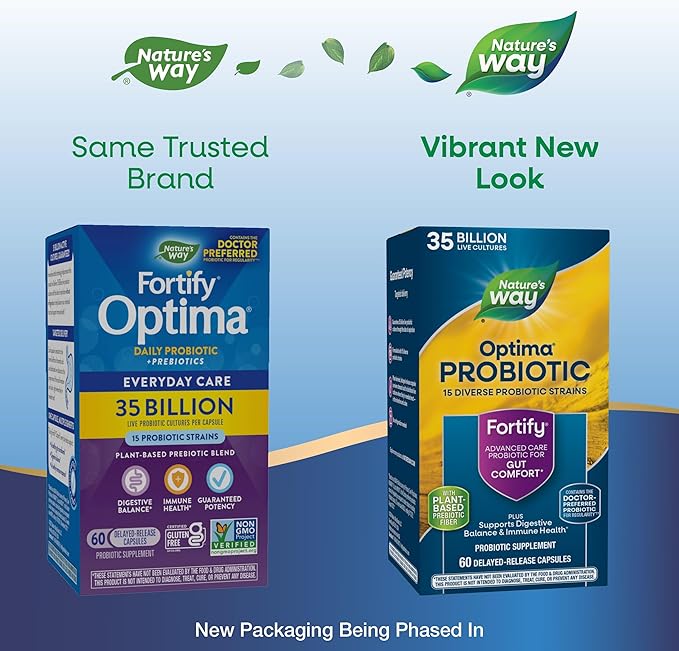 Nature's Way Fortify Optima Probiotic for Adults 35 Billion Cultures 15 Strains Supports Digestive Balance and Immune Health* No Refrigeration Required 60 Capsules (Packaging May Vary) - 2 Pack