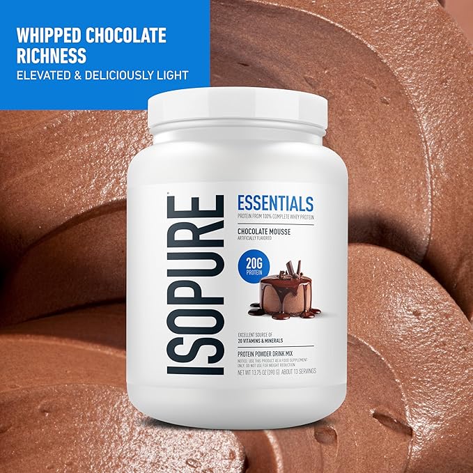 Isopure Essentials 100% Whey Protein Powder with Vitamins 20g Protein Per Serving Chocolate Mousse 13 Servings (Pack of 1)