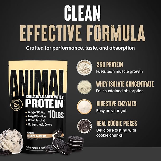 Animal Whey Isolate Protein Powder - Loaded for Pre &amp Post Workout Muscle Builder and Recovery with Digestive Enzymes for Men &amp Women - 25g Protein Great Taste Low Sugar - Cookies &amp Crea