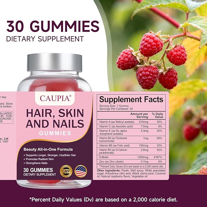 Hair Skin and Nails Gummies All-in-One Advanced Formula Supports Hair Growth - Skin Health &amp Nail Strength - 30 Gummies