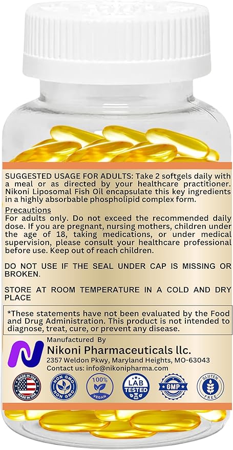 Nikoni Liposomal Lemon Flavor Fish Oil 2400 mg of Omega-3 with 200 mg of Vitamin E. 1200 mg of EPA+ 600 mg of DHA + 600 mg of Other Omegas-120 Vegan Softgels (No Animal Gelatin)