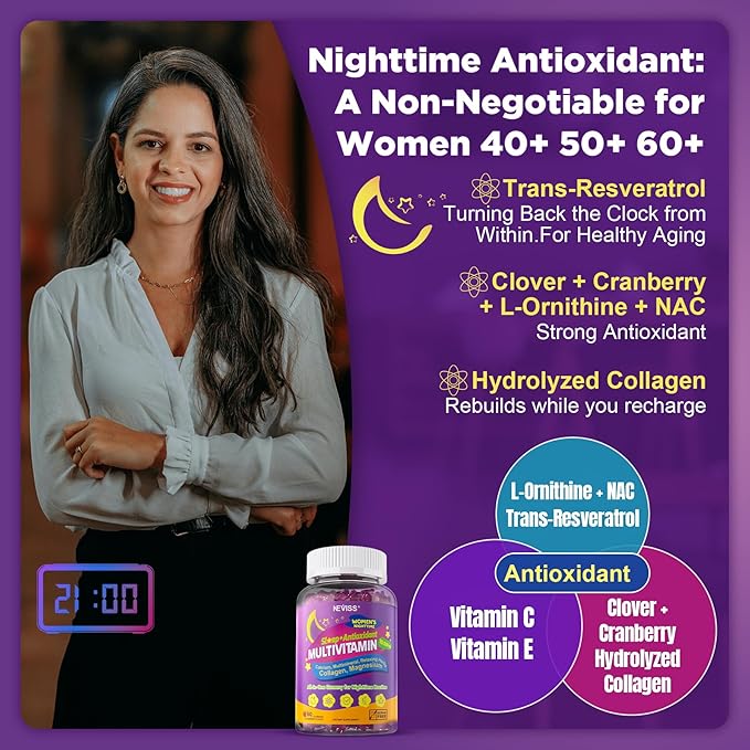 NEVISS Multivitamin for Women Gummies with Magnesium Glycinate Calcium D3 K2 Collagen Gummy for Nighttime Renewal/Sleep Antioxidant Relax Bone Womens 18 30 40 50 60 70+ PM Daily Vitamins 26 in 1
