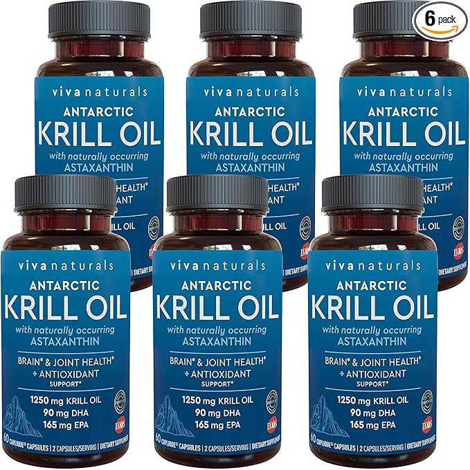 Viva Naturals Antarctic Krill Oil 1250 mg Omega 3 EPA DHA and Astaxanthin Joint Support and Brain Supplement with Antioxidant Properties No Fishy Aftertaste (Pack of 6)