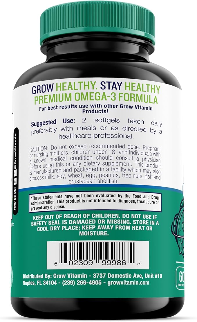 grow vitamin OmegaVita Fish Oil : 800 mg EPA 600 mg DHA Omega 3 Supplement for Heart Brain &amp Immune Support Absorbable Triple Strength Fish Oil Supplement - 2000 mg Per Serving 30 Day Supply