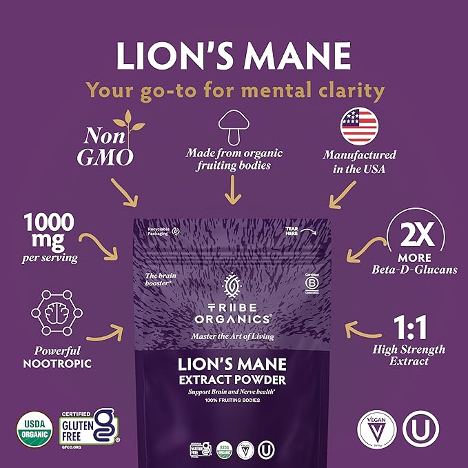 TRIBE ORGANICS Lion’s Mane Powder - Organic Mushroom Extract Powder - Immune System Booster &amp Brain Nootropic for Focus and Memory - Natural Energy and Immunity - 100g Pouch - 100 Servings