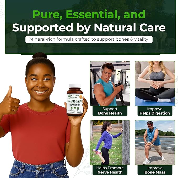 Natural Nutra Calcium Magnesium Zinc with Vitamin D3 - CMZ Supplement | Bone Strength Immune Support Muscle &amp Nerve Health - Cal-Mag Zinc Supplement - Gluten Free - Digestion Support - 250 Table