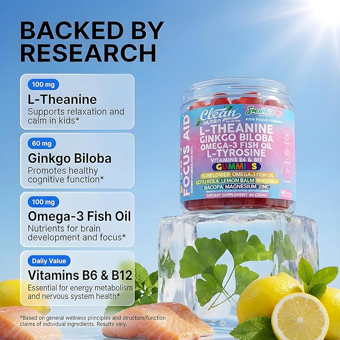 Clean Nutra Kids Focus Gummies with L-Theanine Ginkgo Biloba Omega-3 Fish Oil L-Tyrosine Vitamin B6 B12 – 60 Count Clean Label Non-GMO Vegan-Friendly SmartyPop Formula for Kids Support