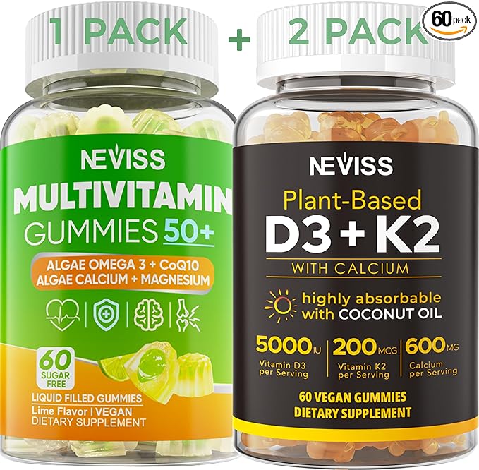 NEVISS 50+ Daily Gummy Multivitamin Algae Omega 3 &amp Calcium CoQ10 Magnesium + Vitamin D3 5000IU Gummies 125mcg with Calcium 600mg K2(MK7) 200mcg