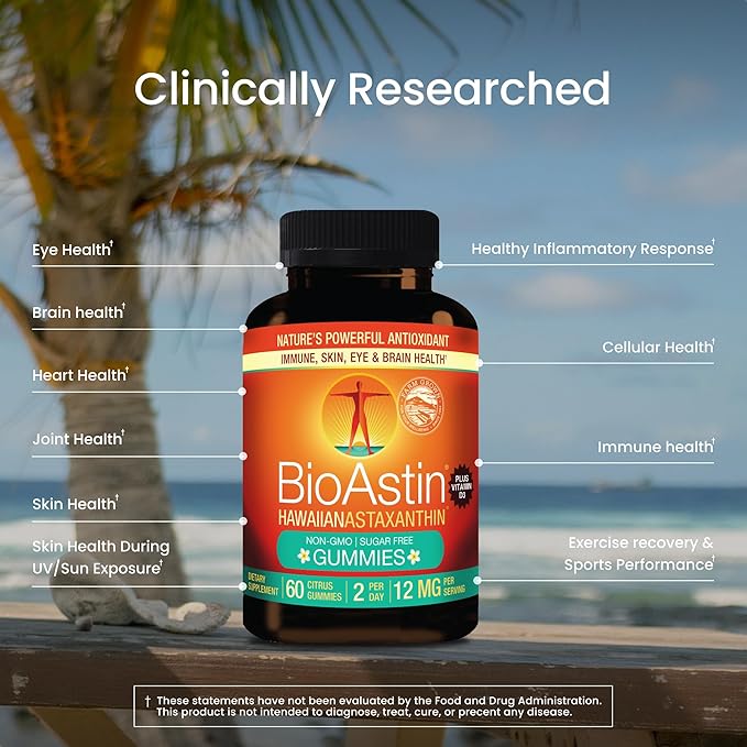 Nutrex Hawaii BioAstin Hawaiian Astaxanthin - 12mg 60 Gummies - Farm-Direct Premium Antioxidant Supplement to Support Eye Skin Joint &amp Immune System Health - Non-GMO &amp Gluten-Free