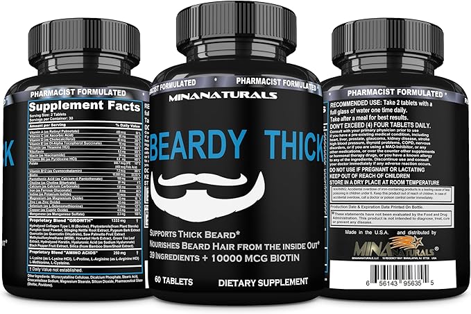 BEARDY THICK Beard Growth Vitamins for Men B7 Biotin 10000 mcg Keratin Collagen Silica and 36 More. Beard Grow Thicker and Stronger Supplement. Facial Hair Growth Vitamin. 60 Tablets