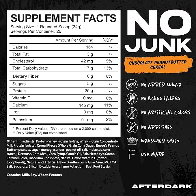 AFTERDARK AfterBites Whey Protein Powder 25g Protein 4.5g BCAA’s Easy Dissolving No Artificial Colors or Fillers Isolate Protein USA Made 26 Servings Chocolate Peanut Butter Cereal