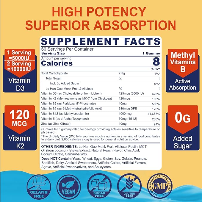 Vitamin D3 5000IU + K2 (MK-7) 120mcg Sugar-Free Vitamin D3 K2 Filled Gummies with Vitamin B Complex - Methyl B12 B9 B6 | Vitamin E &amp Zinc MCT Oil - Supports Bone &amp Teeth Strength Immune
