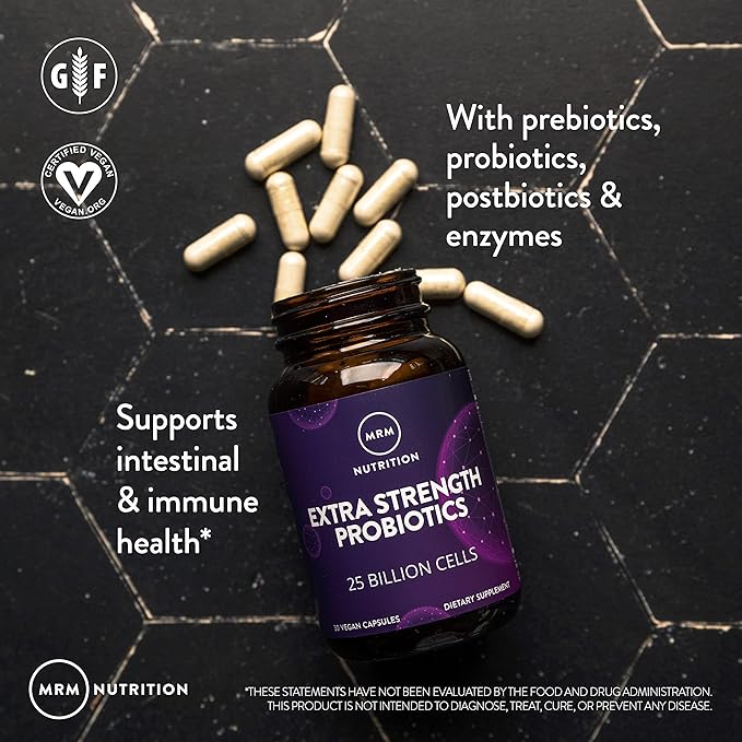 MRM Nutrition Extra Strength Probiotics - Supports Intestinal GI &amp Immune Health for Women &amp Men Prebiotic Probiotic &amp Postbiotic Supplement 25 Billion Cells &amp 16 Strains Vegan